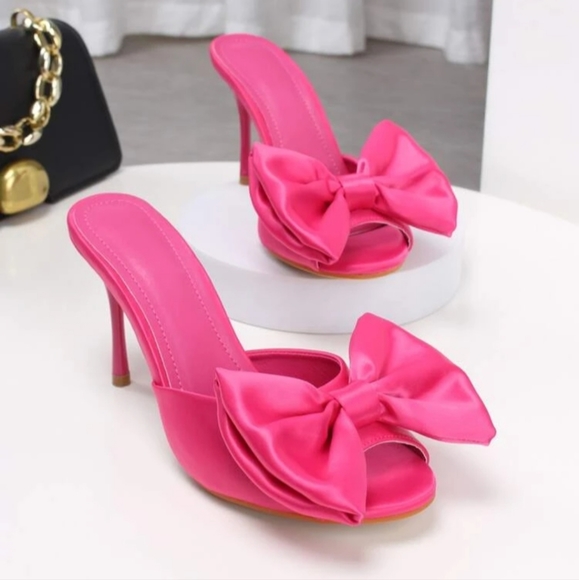 Pink Satin Bow High Heeled Mule Shoe - Picture 5 of 6